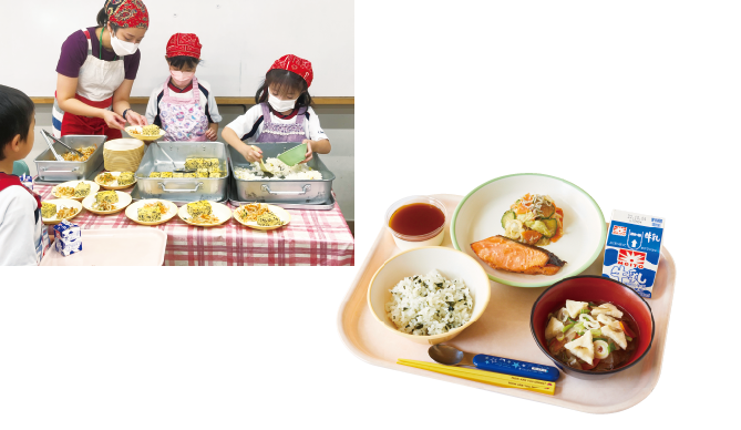 給食の準備をする児童/給食